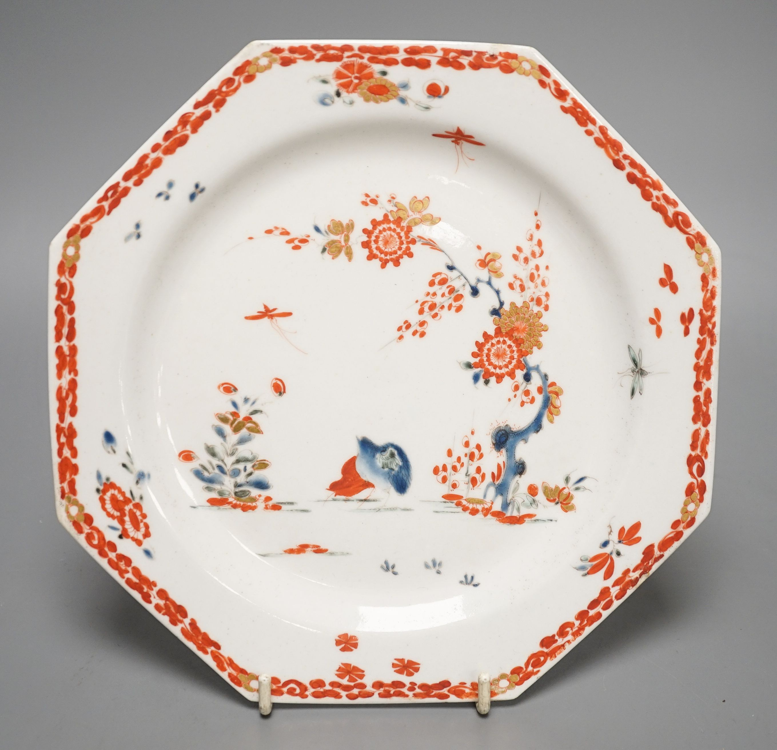 A good Bow octagonal plate painted in kakiemon style with the Two Quail bowl pattern c. 1755-58, 21cm